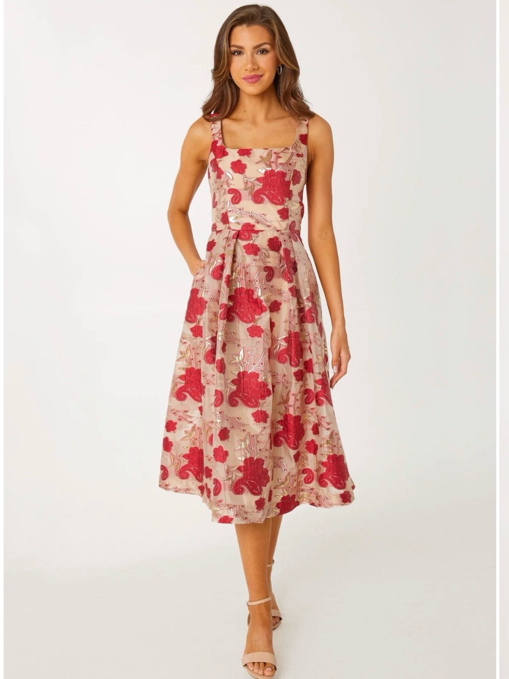 Red Floral Midi Dress with Square Neck